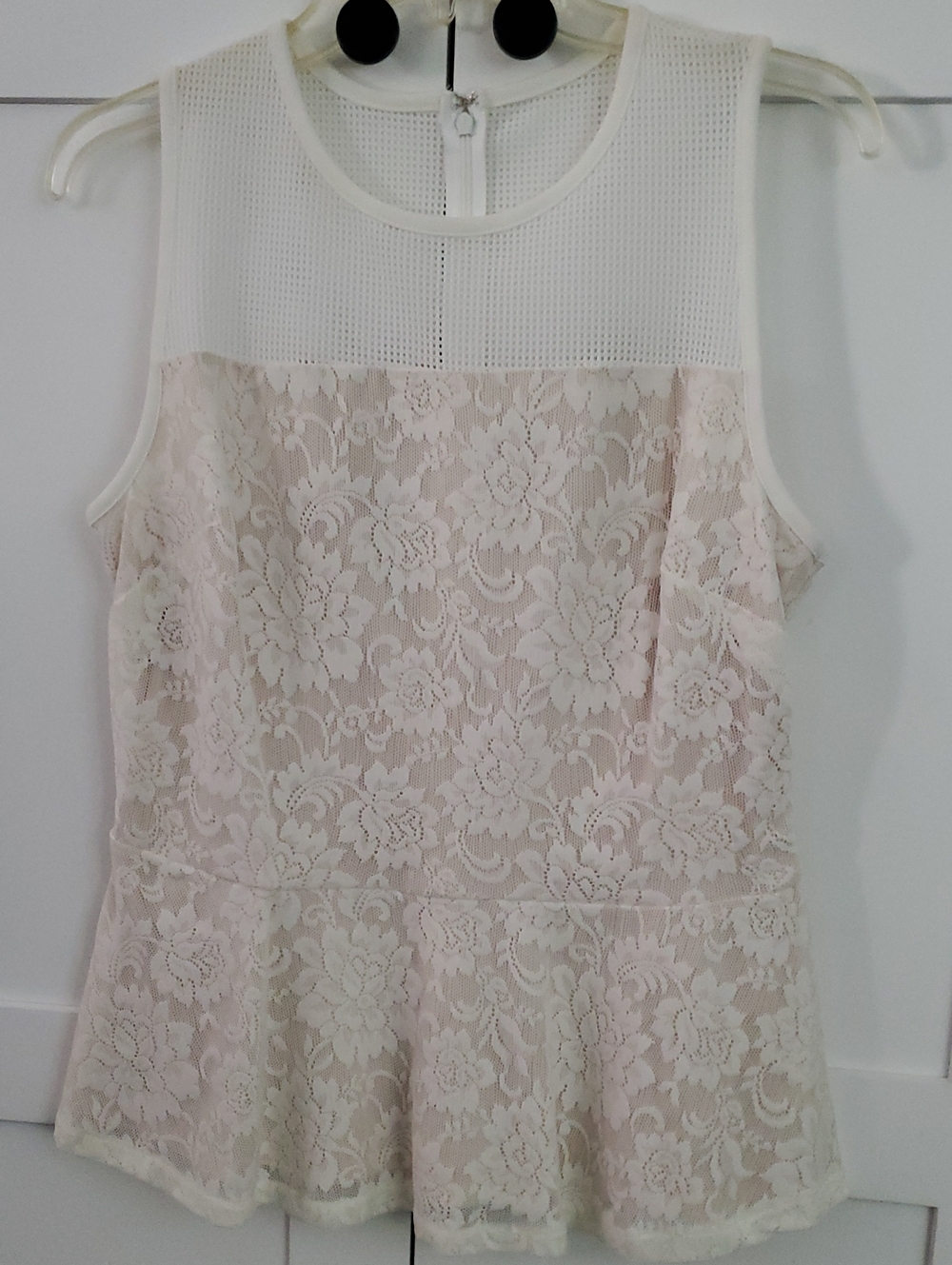 Sleeveless Cream Lace Peplum Top with Mesh Yoke